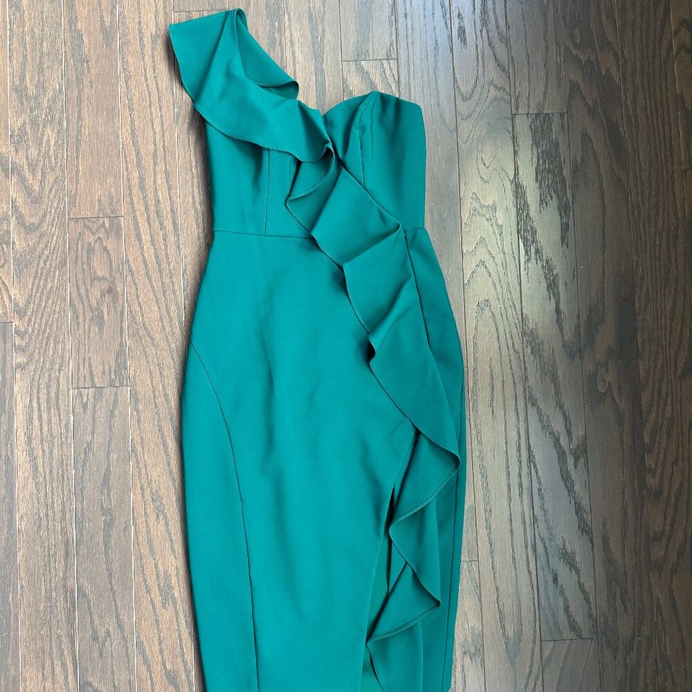 Aidan Mattox Emerald One Shoulder Ruffle Cocktail Dress Size 0